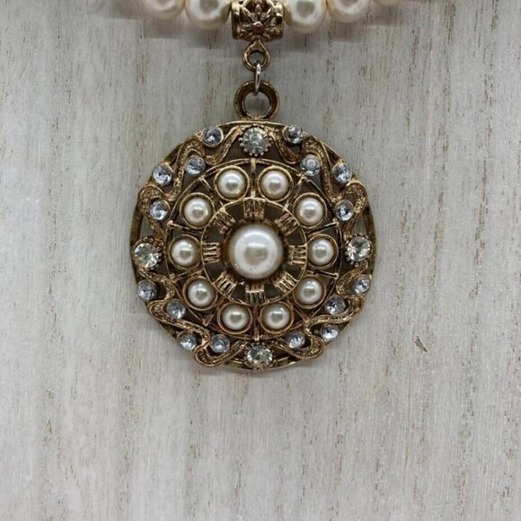 Victorian Set Simulated Pearl Choker 16" Necklace Pierced Earrings Rhinestone - Picture 2 of 16